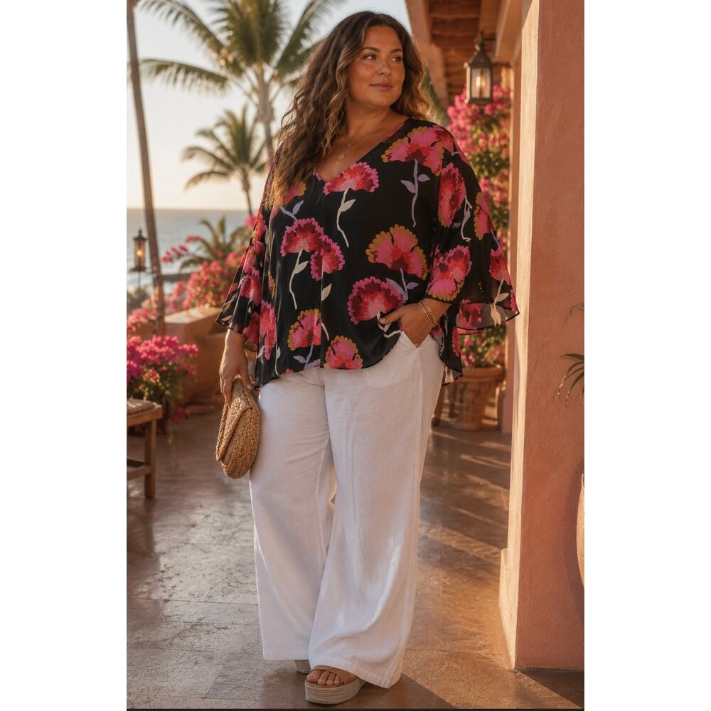 Crosby by Mollie Burch Floral Resortwear Bell Sleeve Blouse Black Pink XL Boho